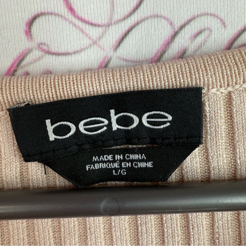 bebe long sleeve Swarovski Beige Ribbed Open cut out front Long Sleeve Top - Picture 11 of 13
